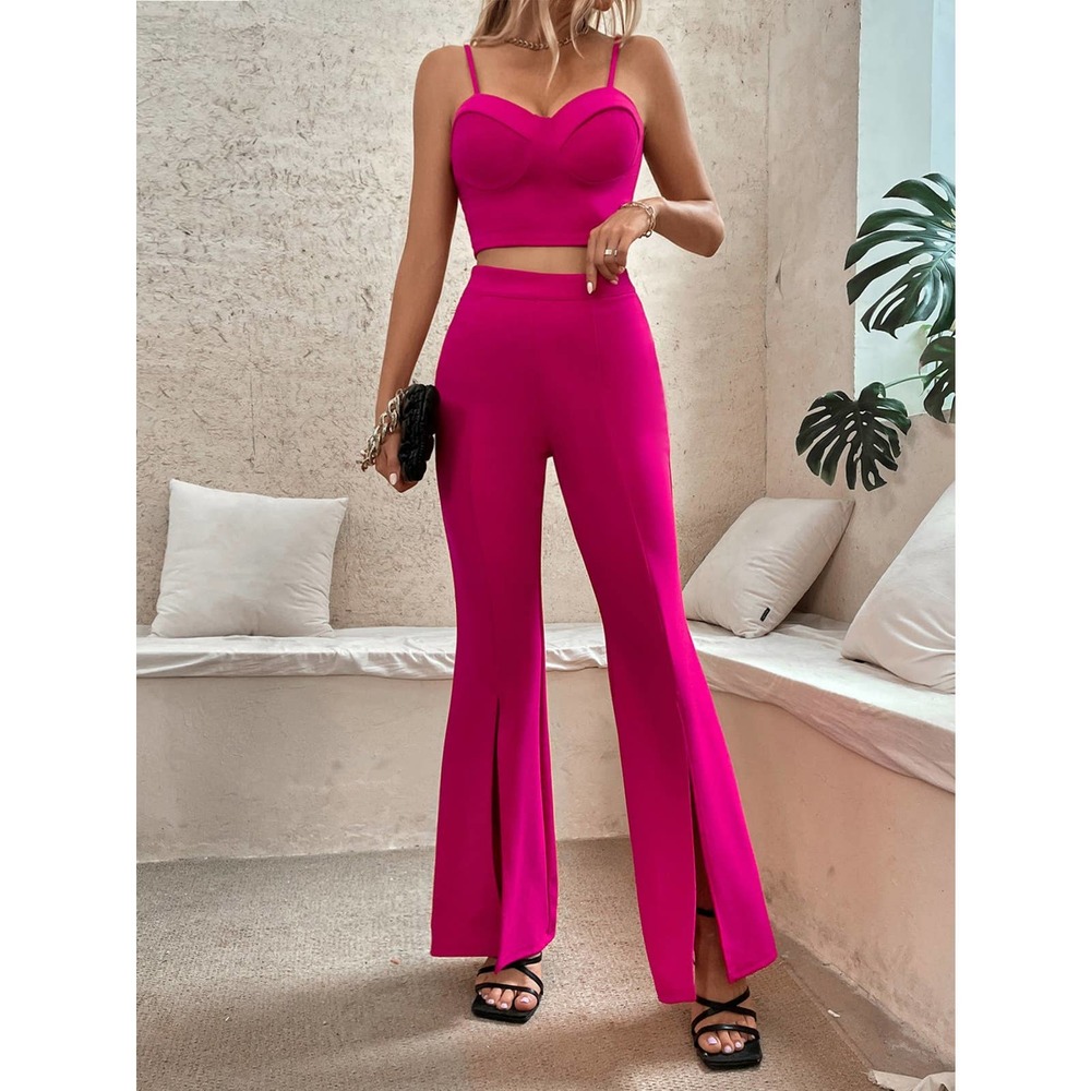 2 piece set: Zip Back Bustier Cami crop Top & Flare Leg Pants black - Picture 9 of 11